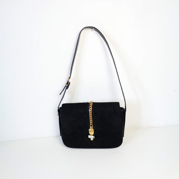 Vintage 60s Black SUEDE Leather CHAIN Detail Shoulder Bag! - Picture 4 of 9